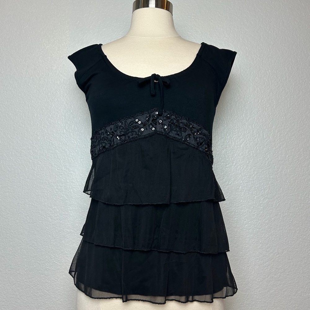 Baby Doll Top Women's S Black Lined Chiffon Tiered Ruffle Sequins Embellished